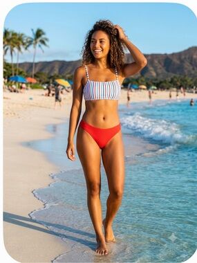 wild fable Red Bikini Bottom with Multicolor Striped Top